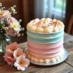 A beautifully decorated gender reveal cake with pastel frosting and sprinkles, perfect for a baby shower celebration.