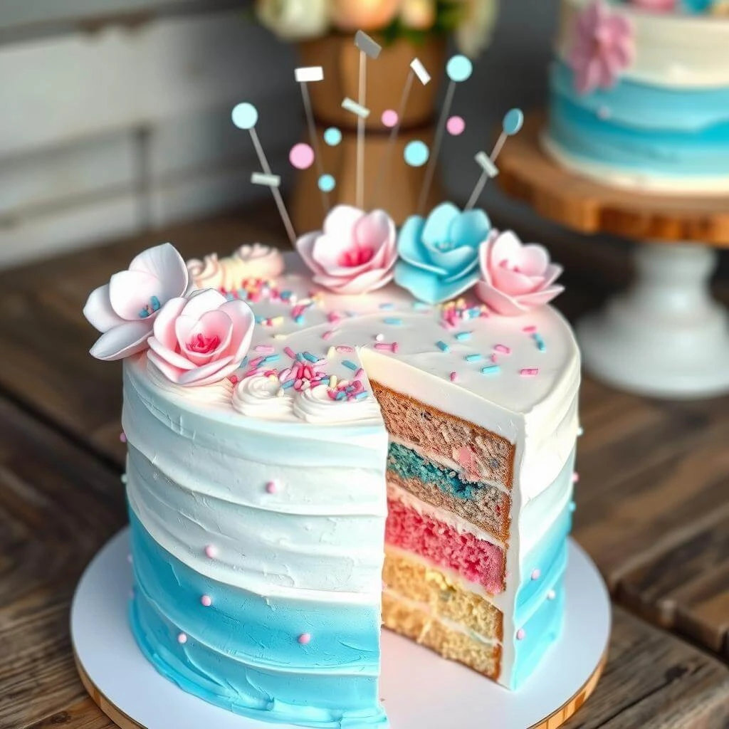 Pastel ombre gender reveal cake with a surprise pink or blue candy filling