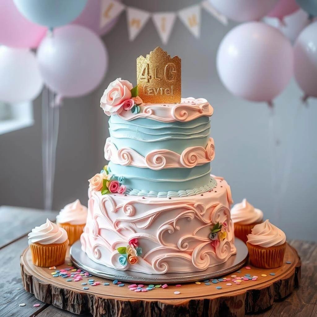 Beautiful tiered gender reveal cake with pink and blue accents, featuring a “Boy or Girl?” topper.