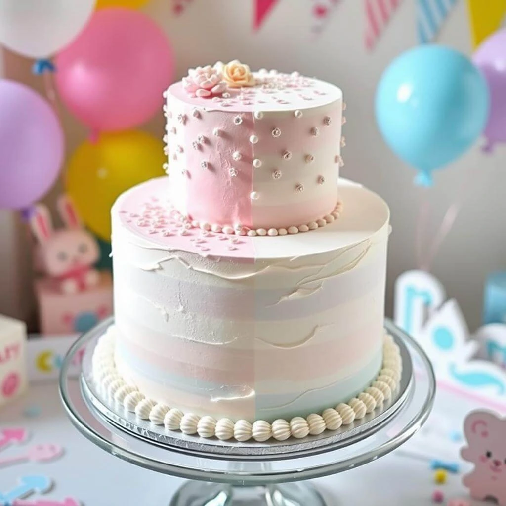 Ingredients for a gender reveal cake, including flour, sugar, eggs, butter, and food coloring.