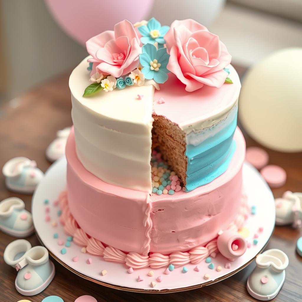 Two-tier gender reveal cake with dripping pink and blue glaze and colorful sprinkles