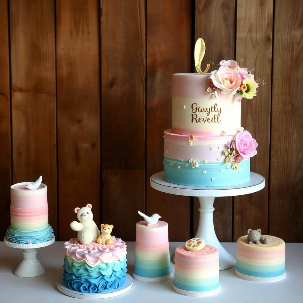 Surprise-filled gender reveal cake with candy spilling out in pink and blue colors.