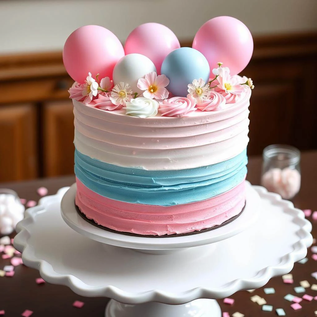 A slice of gender reveal cake showing vibrant pink or blue sponge, revealing the baby’s gender.