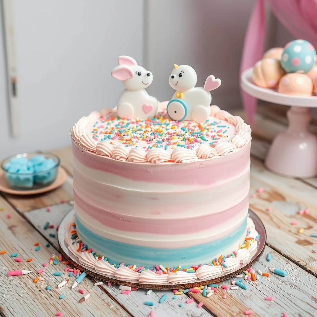 Cake batter being mixed with pink and blue food coloring in separate bowls.