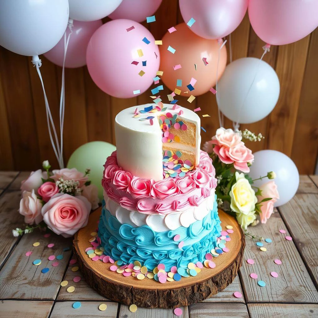 Minimalist white cake with subtle pink and blue watercolor designs and floral decorations.