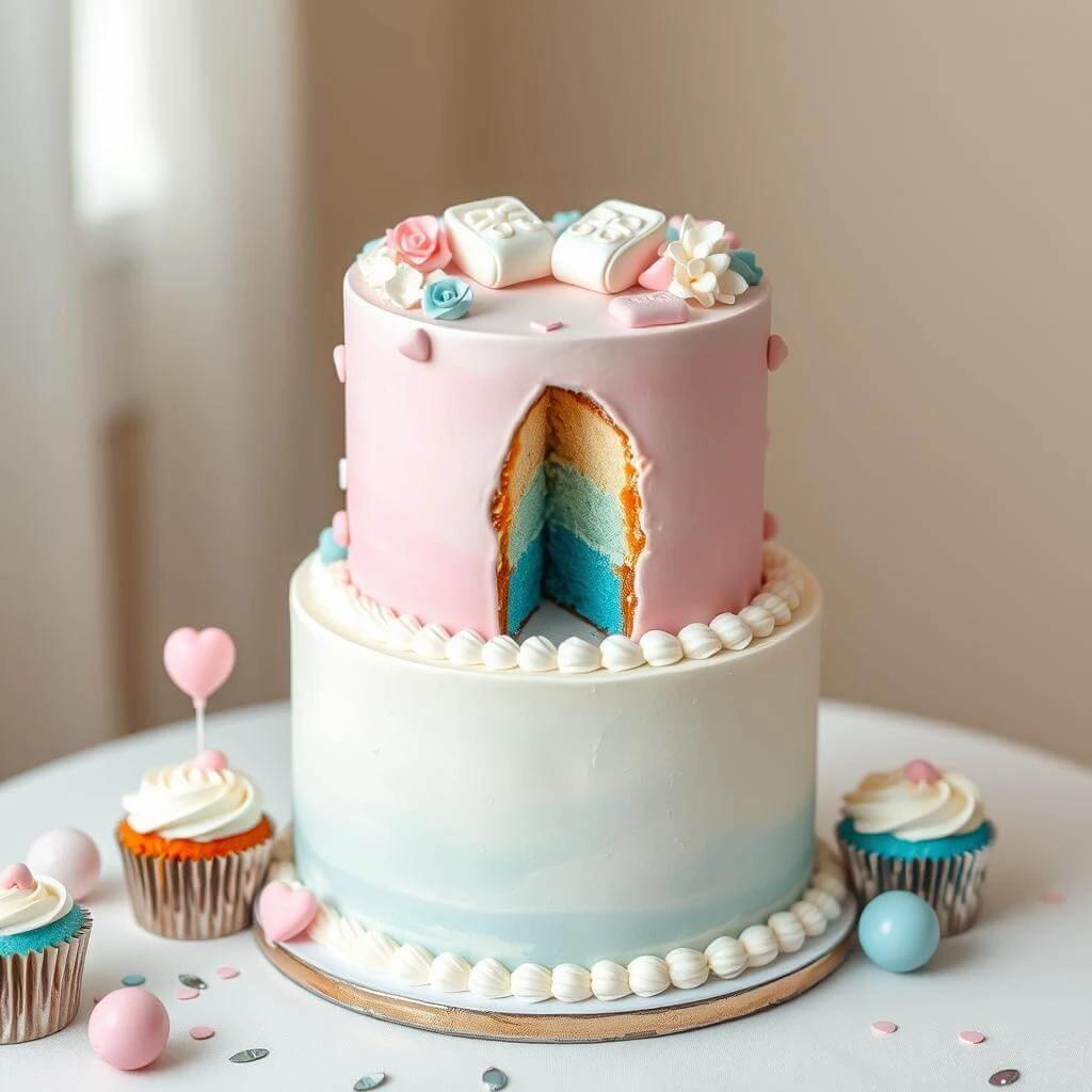 A frosted gender reveal cake decorated with pastel sprinkles and a “He or She?” cake topper.