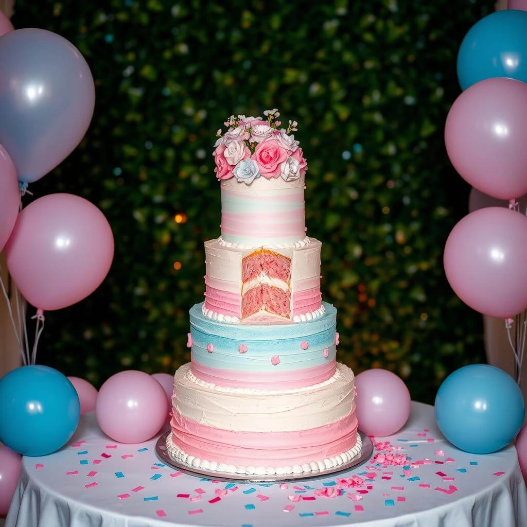 Cute twin-themed gender reveal cake with one half pink and one half blue, decorated with baby shoes.