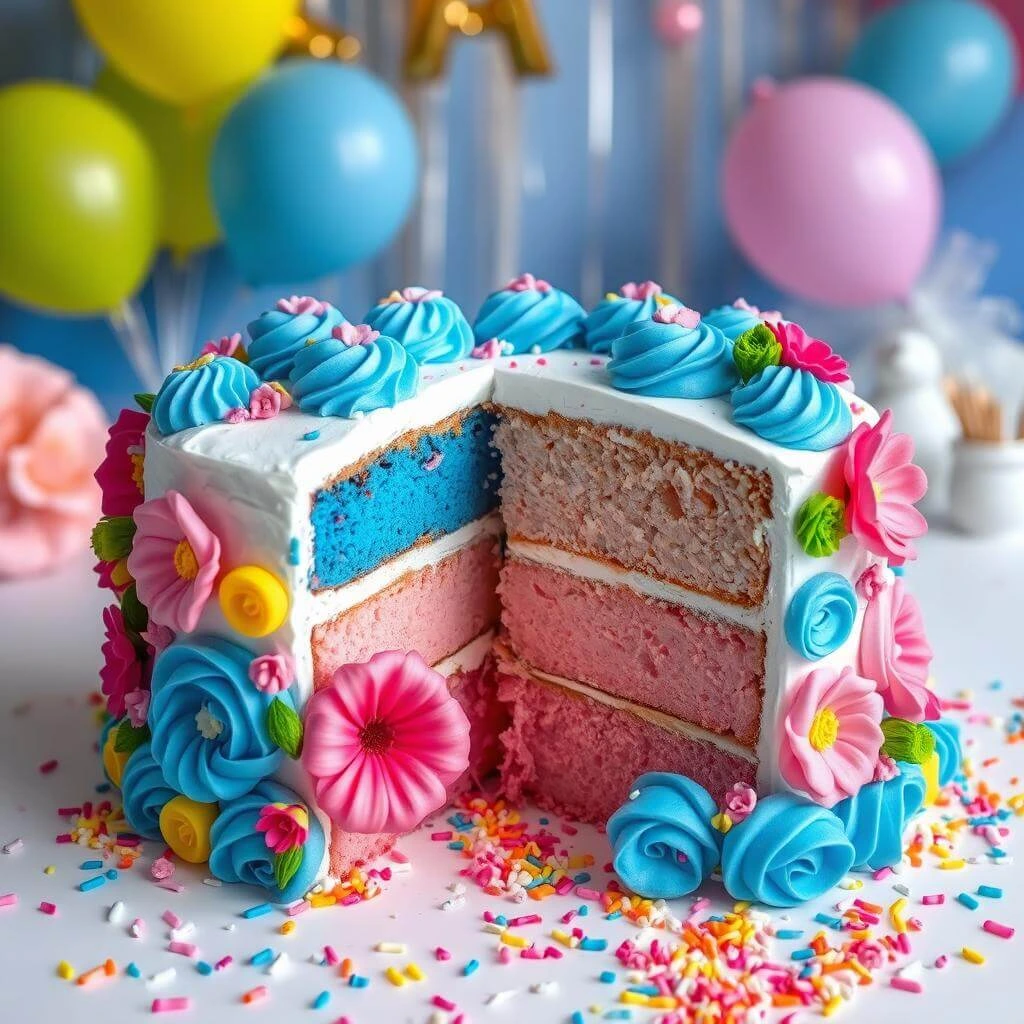 Excited family cutting the gender reveal cake to discover the baby’s gender with smiles and laughter.