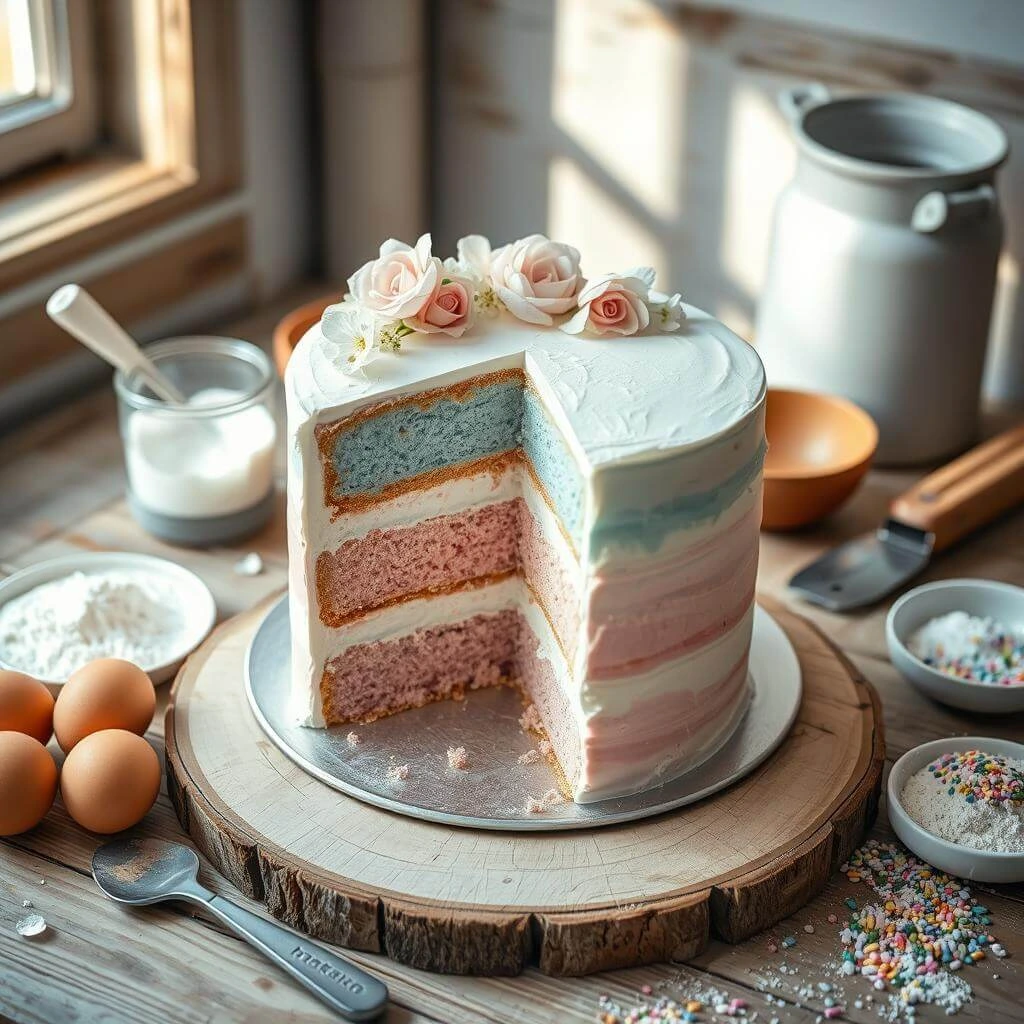 A sliced gender reveal cake showing a vibrant pink or blue interior.