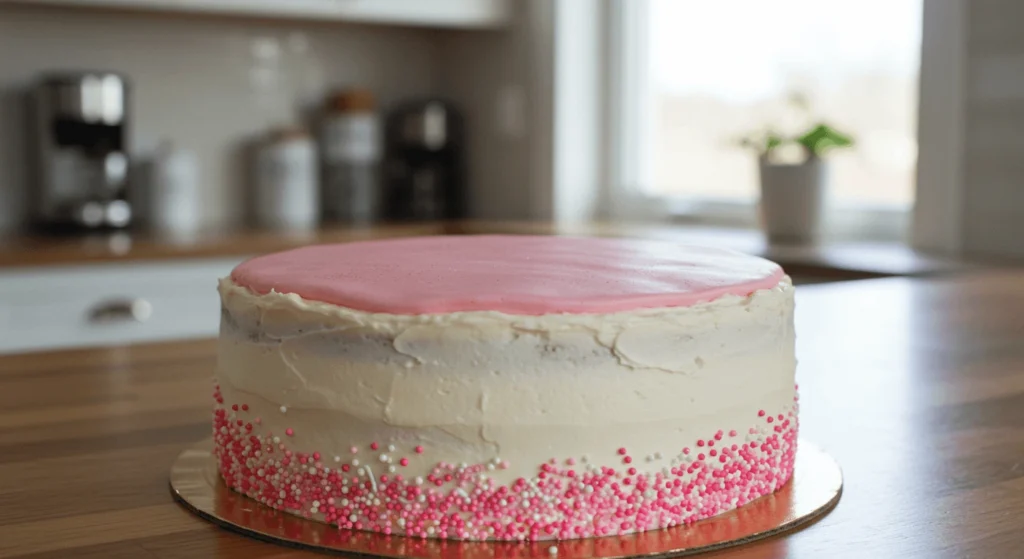 Simple white gender reveal cake with pink icing and pink-and-white sprinkles.