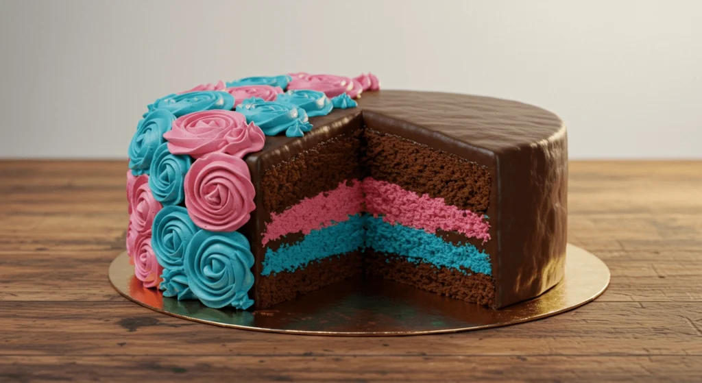 Chocolate gender reveal cake with pink and blue rosette frosting and colorful layered filling.