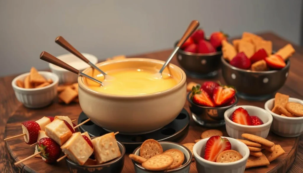 A fondue pot filled with melted cheese surrounded by bowls of dipping items including bread cubes, strawberries, and crackers.