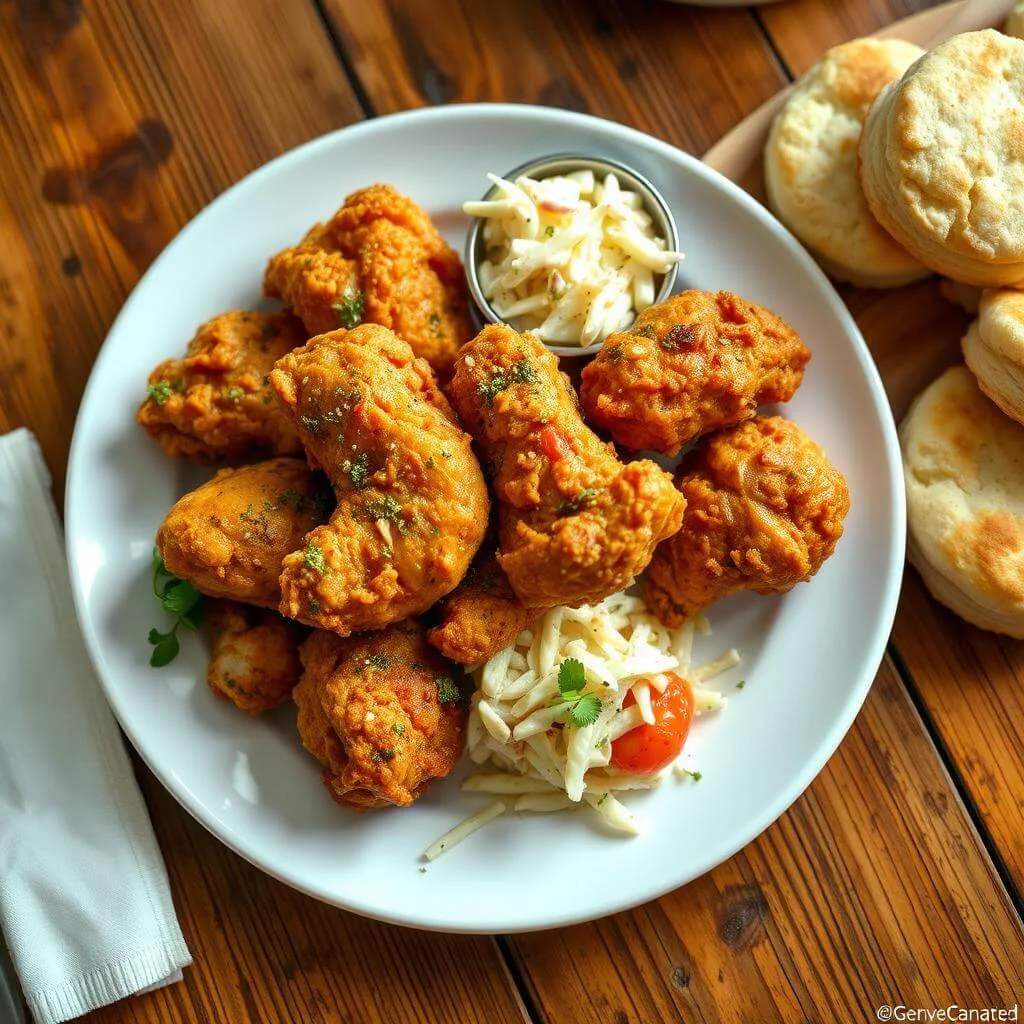 A plate of golden, crispy fried chicken with a side of dipping sauce.