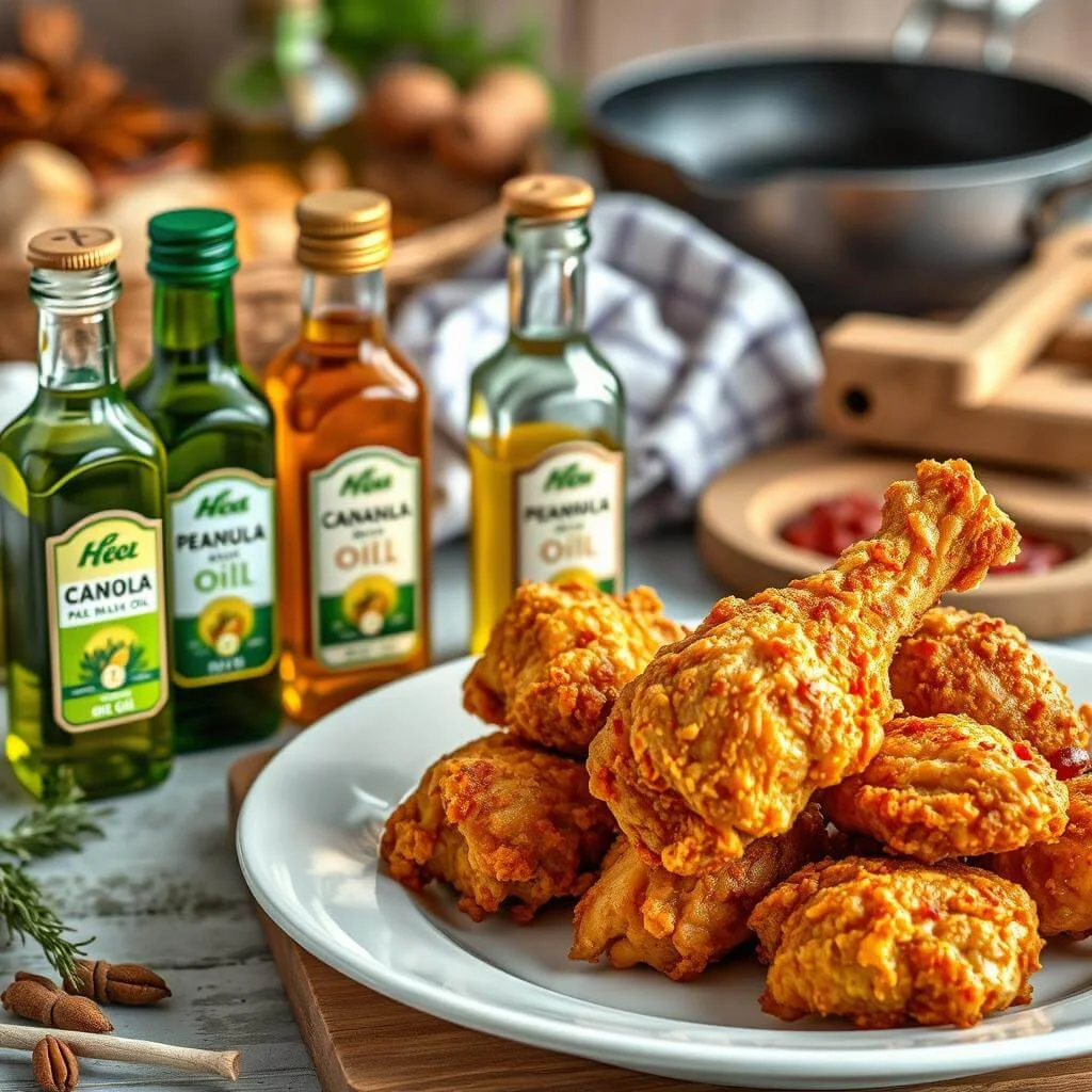 Chicken pieces frying in hot oil in a cast-iron skillet.