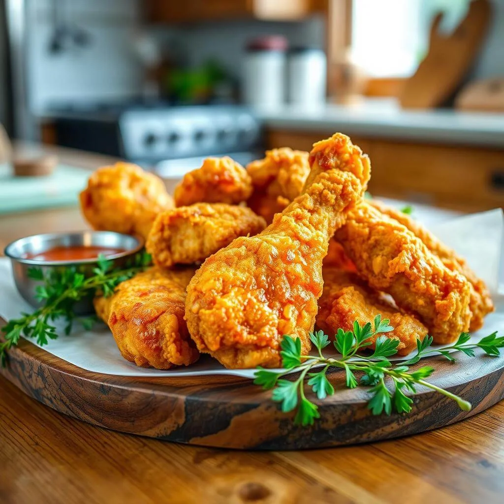 A plate of fried chicken served with biscuits, coleslaw, and dipping sauce.