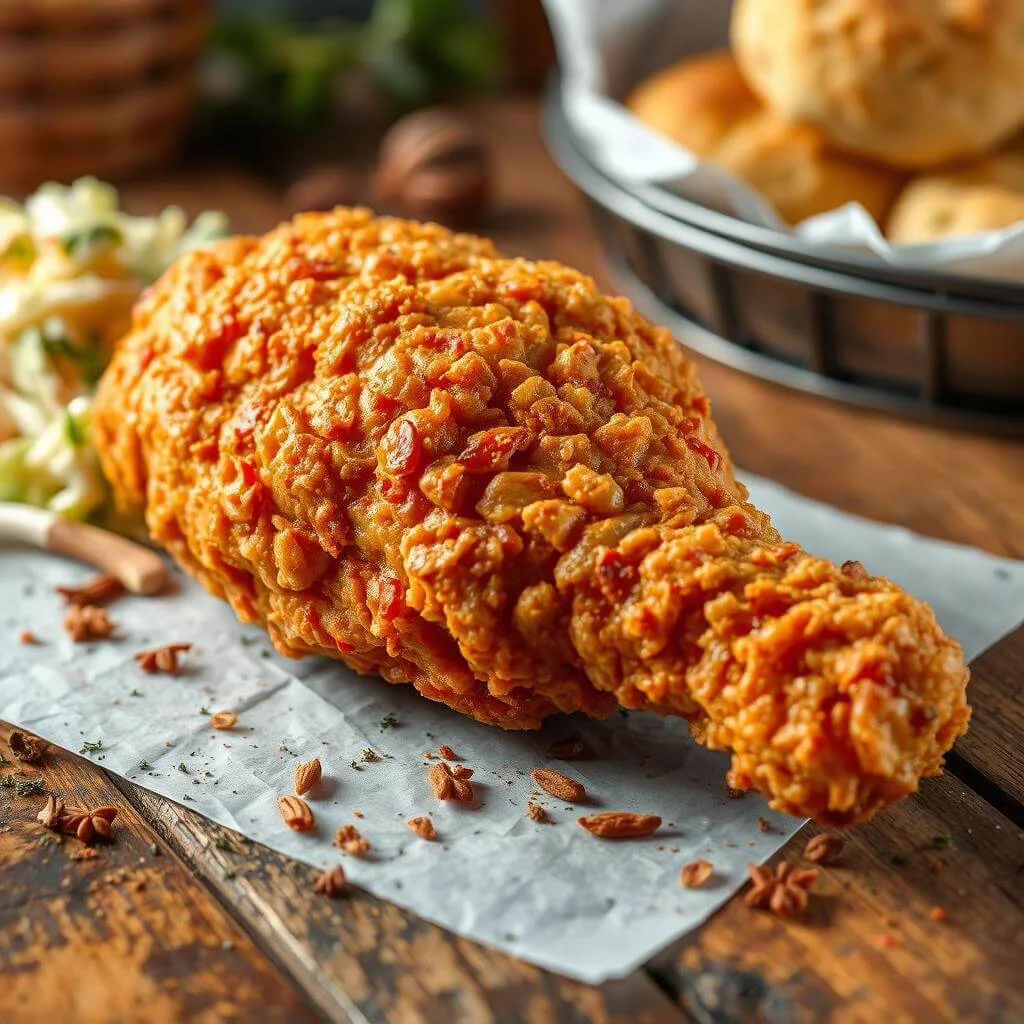 A crispy, golden-brown fried chicken drumstick with a crunchy coating, served on parchment paper with coleslaw and biscuits in the background.