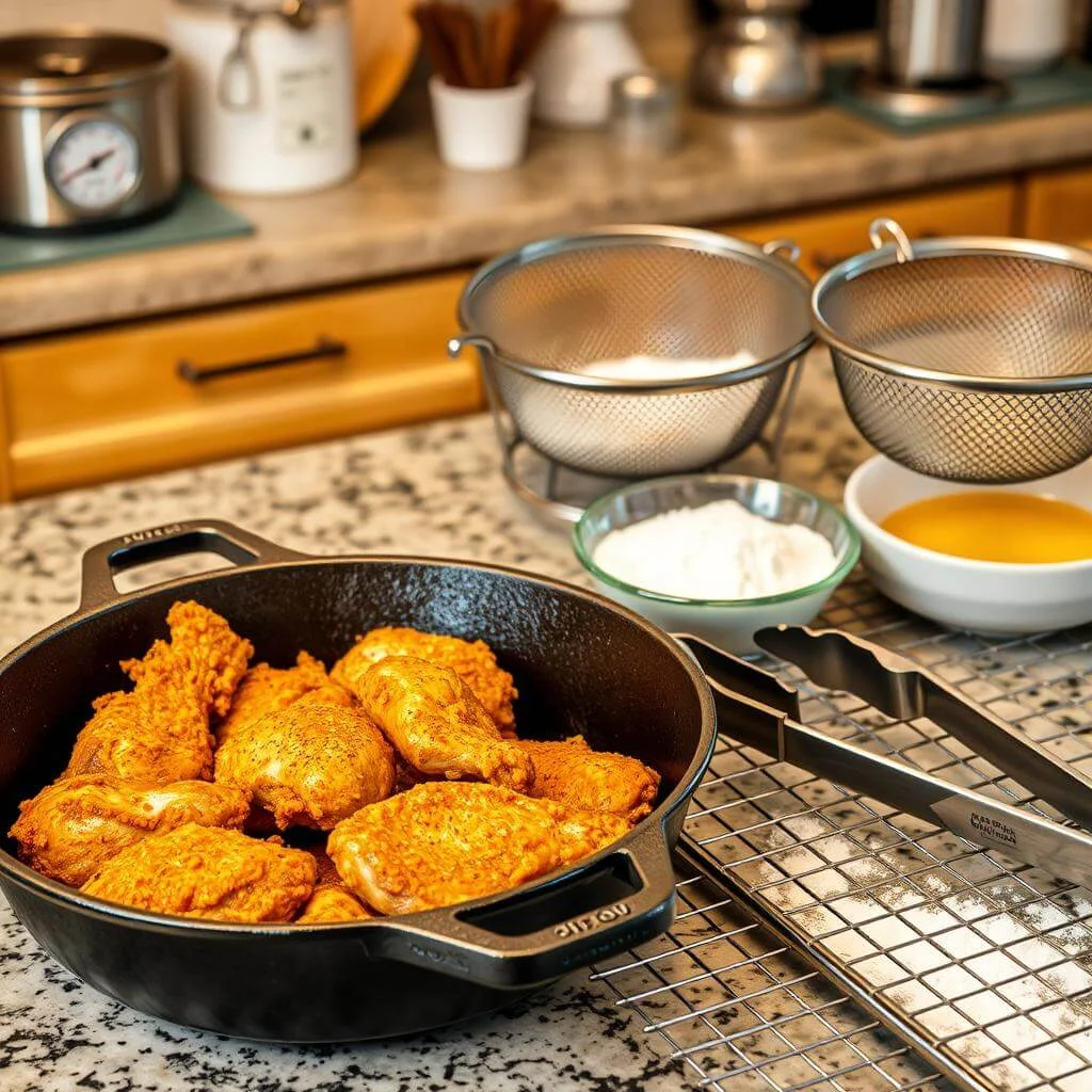 Marinated raw chicken pieces in a cast-iron skillet with breading ingredients in the background.