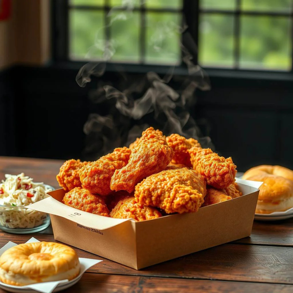 A plate of crispy fried chicken pieces with coleslaw and dipping sauce, served on a wooden table.