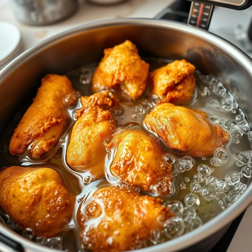 Chicken pieces frying in bubbling oil in a cast-iron skillet.