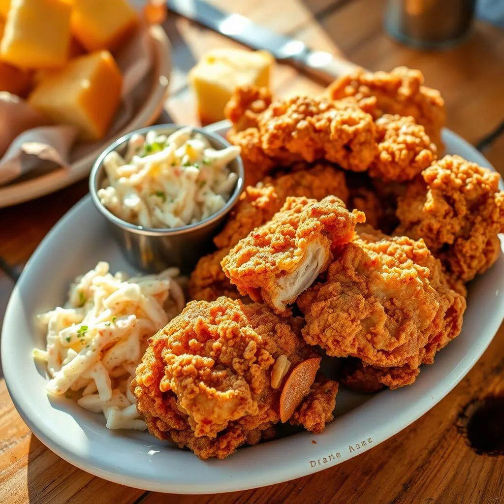 A plate of crispy, golden-brown fried chicken with a side of dipping sauce.