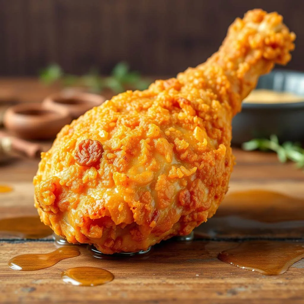 A close-up of a crispy fried chicken drumstick with a golden, crunchy coating, resting on a wooden surface with drizzles of sauce.