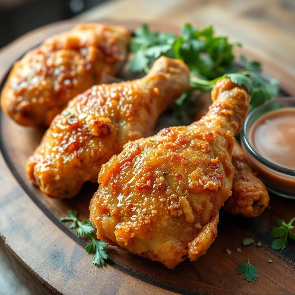 Glazed fried chicken drumsticks on a wooden board, garnished with fresh parsley and served with dipping sauce.