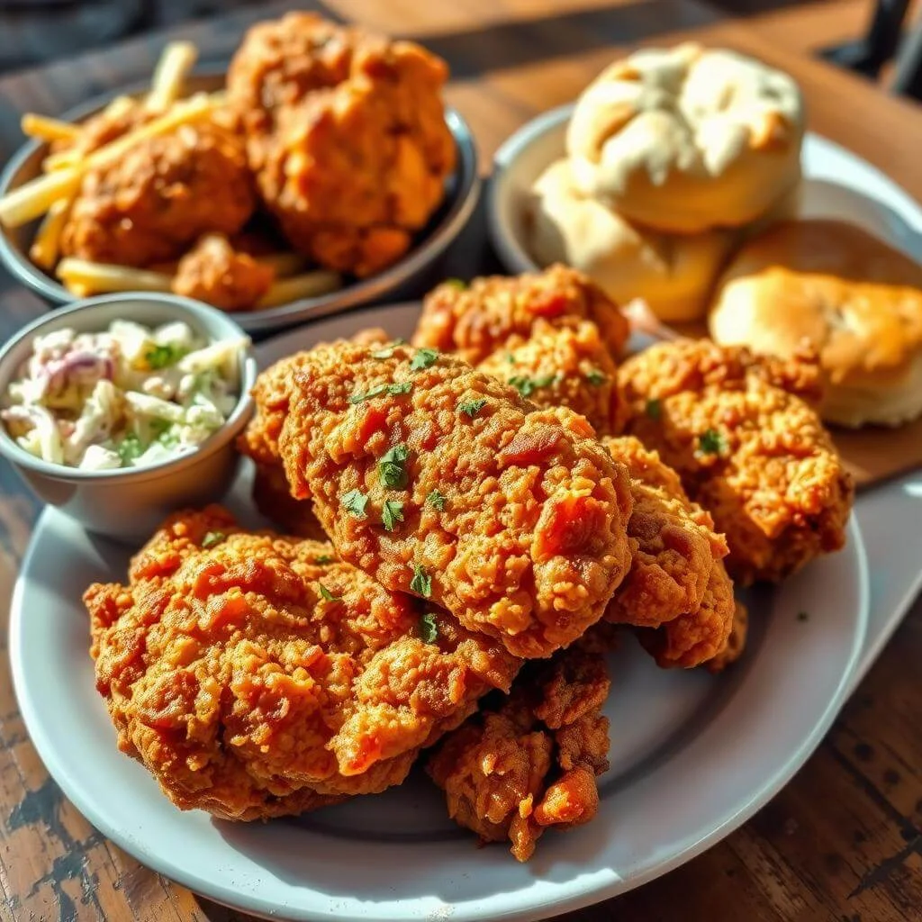 A plate filled with crispy fried chicken pieces, coleslaw, and biscuits, served on a rustic wooden table.