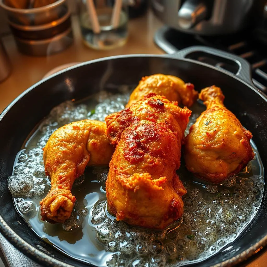 Close-up of golden-brown chicken frying in hot oil inside a black pan. The bubbling oil surrounds the crispy-textured chicken.