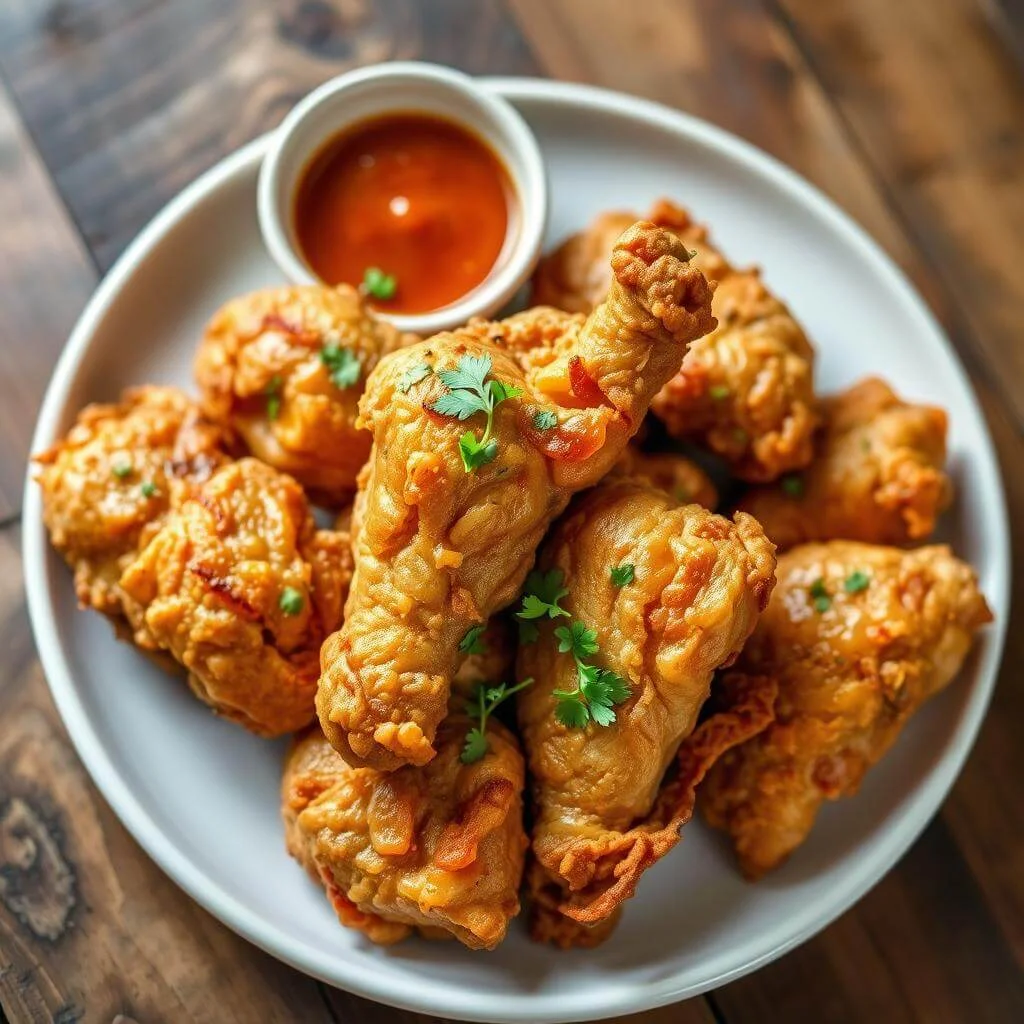 A plate of crispy fried chicken garnished with fresh herbs, served with a side of dipping sauce.