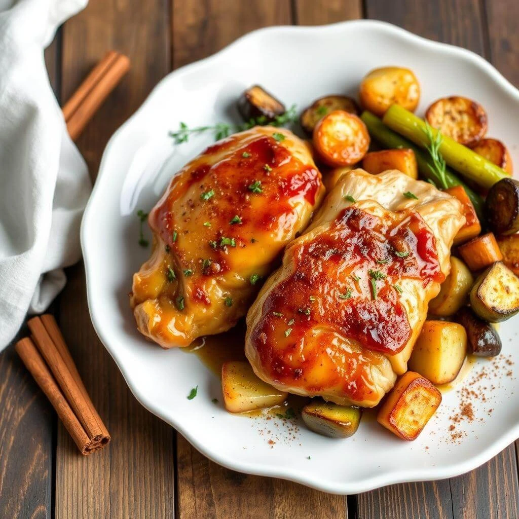 Crispy Cinnamon Queen Chicken, beautifully plated with garnish.