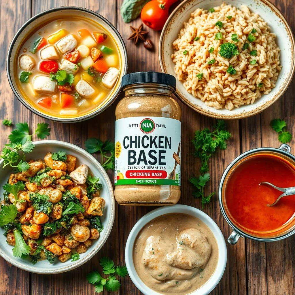 A jar of chicken base on a kitchen counter, surrounded by fresh vegetables