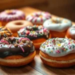 A variety of colorful, decorated donuts arranged on a wooden surface.