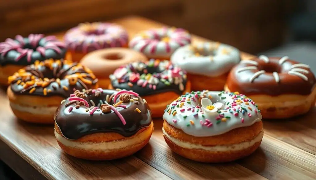 A variety of colorful, decorated donuts arranged on a wooden surface.