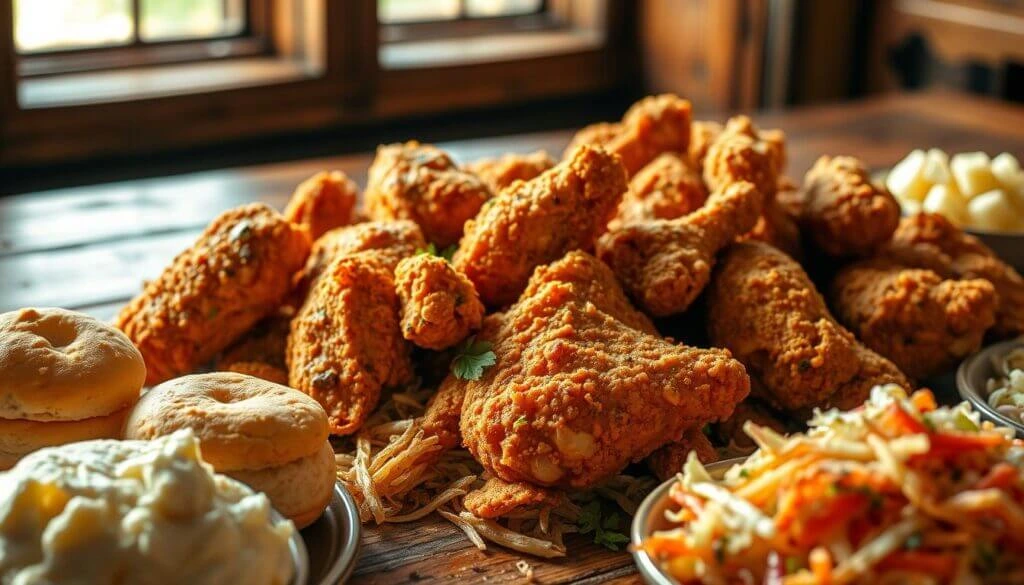 A close-up view of a table filled with a variety of fried chicken pieces, biscuits, mashed potatoes, and coleslaw.