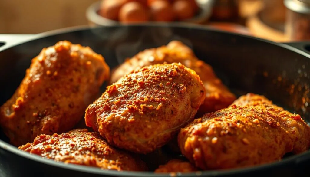 Close-up of seasoned and cooked chicken pieces in a pan.