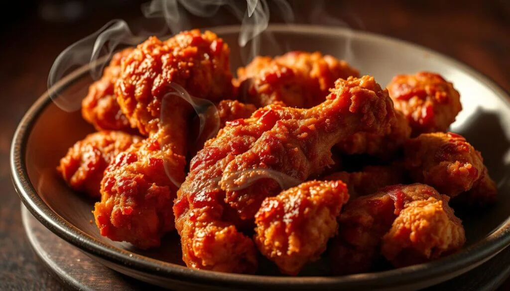 A plate of steaming hot, crispy fried chicken pieces coated in a spicy red sauce.