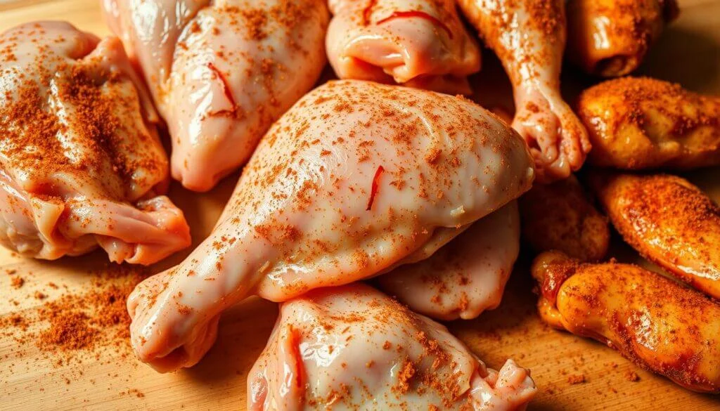 Raw chicken drumsticks and wings seasoned with spices on a wooden surface.