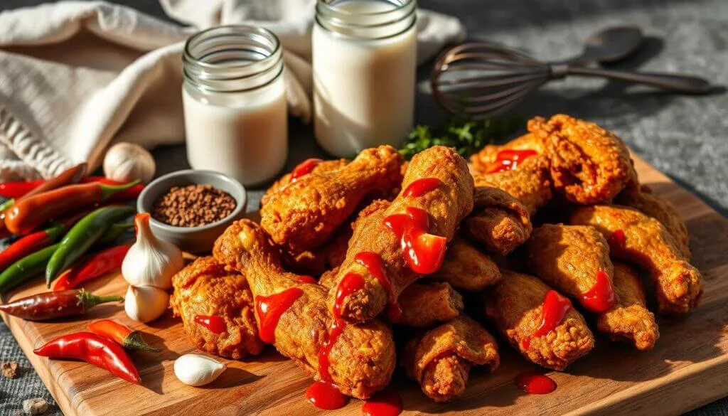 A wooden board filled with crispy fried chicken drumsticks drizzled with red sauce, surrounded by various colorful chili peppers, garlic cloves, a bowl of spices, and two jars of milk in the background.