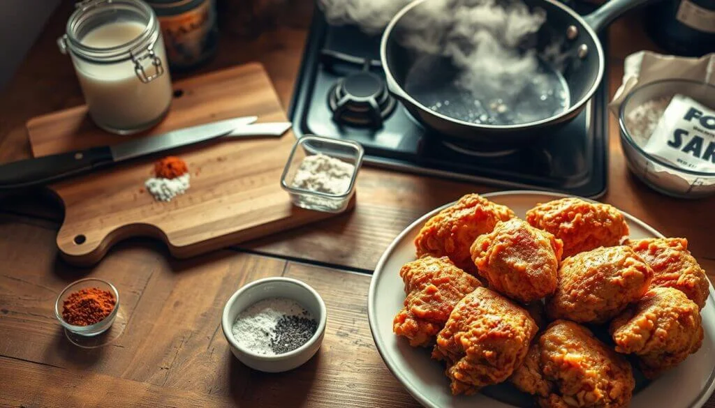 A kitchen scene with ingredients and a plate of fried chicken.