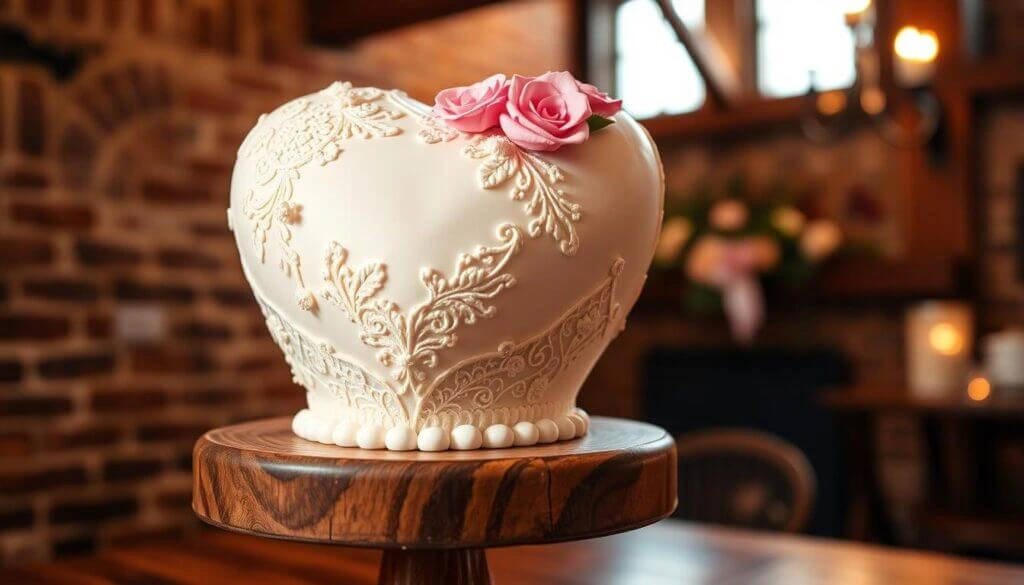 A beautifully decorated heart-shaped cake with intricate white icing designs and two pink roses on top, placed on a wooden cake stand in a cozy, rustic setting.