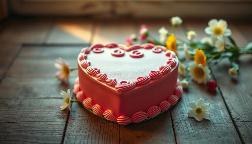 A heart-shaped cake with pink frosting and decorative swirls, surrounded by white and yellow flowers on a wooden surface.