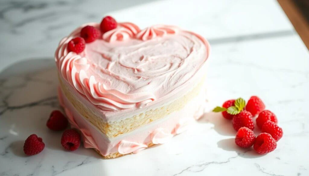 Heart-shaped cake with pink frosting and raspberries on a marble surface.