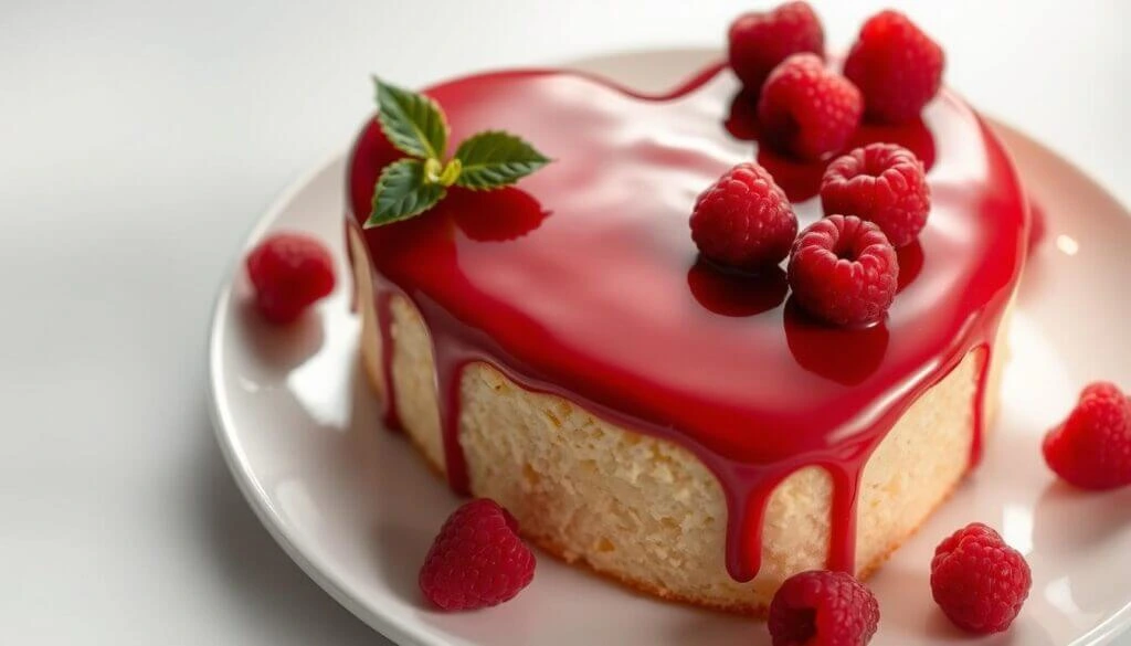 Heart-shaped cake with raspberry topping and mint garnish