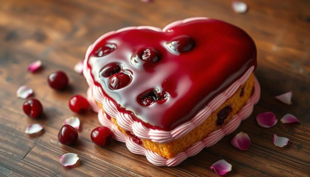 A close-up of a cherry-topped dessert with pink frosting and scattered rose petals on a wooden surface.