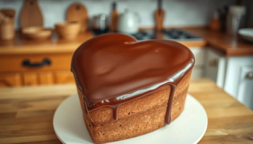 Heart-shaped cake with chocolate glaze