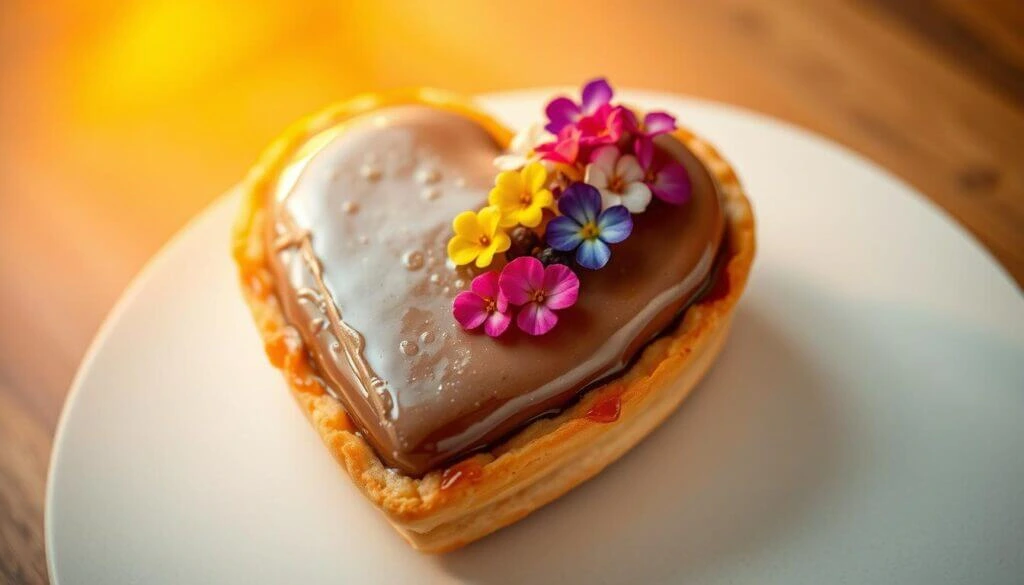 Heart-shaped pastry with chocolate glaze and colorful flowers