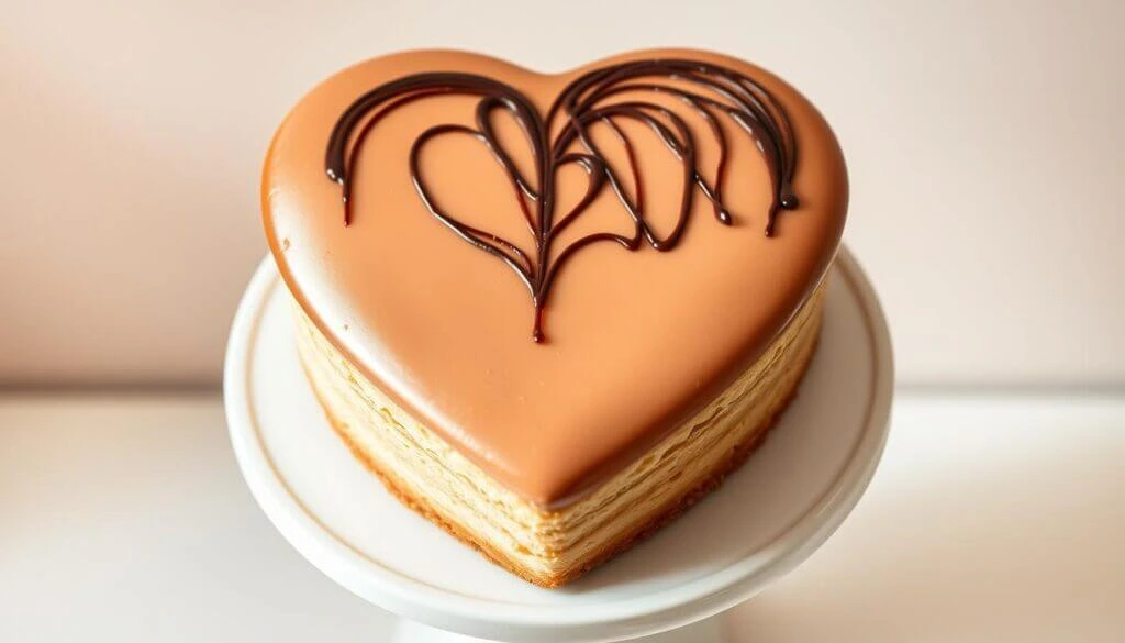 Heart-shaped cake dusted with powdered sugar on a wooden surface.