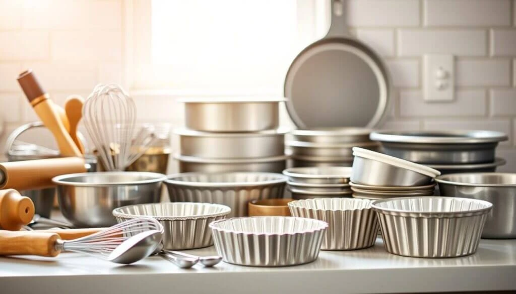 A collection of baking and cooking utensils, including metal mixing bowls, tart pans, cake pans, whisks, and rolling pins, arranged on a kitchen countertop.