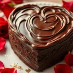 A decorative plate with red rose petals and a chocolate dessert.