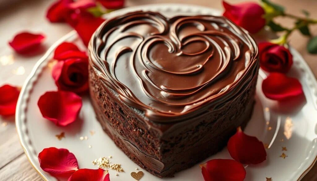 A decorative plate with red rose petals and a chocolate dessert.